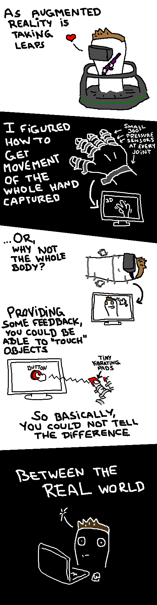 As augmented reality is taking leaps, I figured how to get movement of the whole hand captured: Small 360 pressure sensors at every joint ... or, why not the whole body. Providing some feedback (with tiny vibrating pads), you could be able to "touch" objects. So basically, you could not tell the difference between the real world.